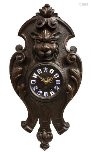 MASK CARVED BLACK FOREST WALL CLOCK, 19TH C.