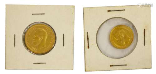 (2) RUSSIAN GOLD COINS, 1899, FIVE & TEN ROUBLES