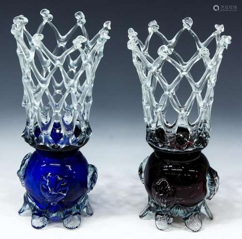 (2) ITALIAN MURANO ART GLASS LATTICE VASES