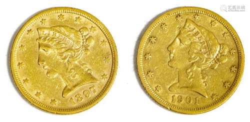 (2) US $5 GOLD FIVE DOLLAR HALF EAGLE, 1897, 1901S