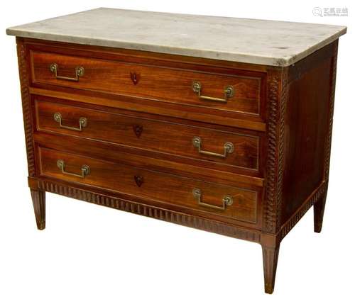 FRENCH LOUIS XVI STYLE MARBLE TOP MAHOGANY COMMODE