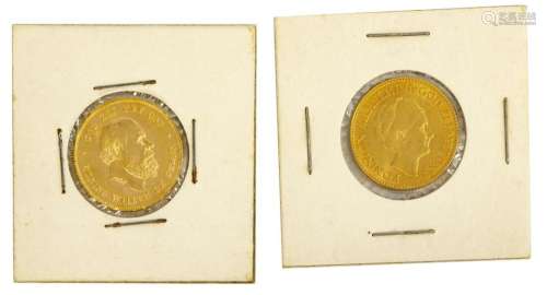 (2) DUTCH GOLD 10 GUILDER COINS, 1875, 1933