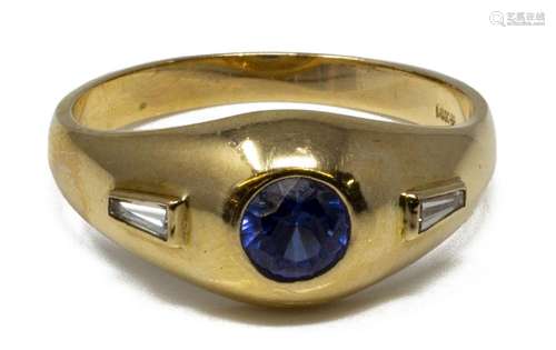 ESTATE GENTS 14KT GOLD, DIAMOND & SAPPHIRE RING