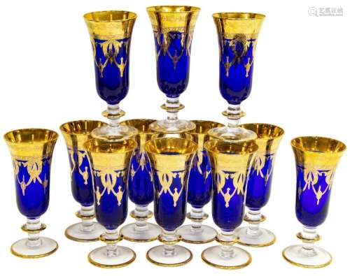 (12) MURANO ETCHED GILT COBALT CHAMPAGNE FLUTES