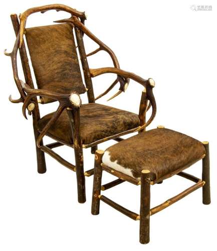 (2) ELK HORN FRAMED COWHIDE CHAIR & OTTOMAN