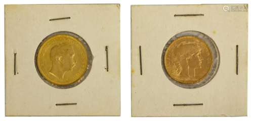 (2) GOLD COINS, PRUSSIA & FRANCE, 1889, 1907