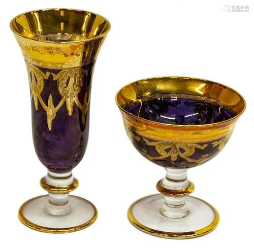 (16) MURANO ETCHED GILT AMETHYST GLASS STEMWARE