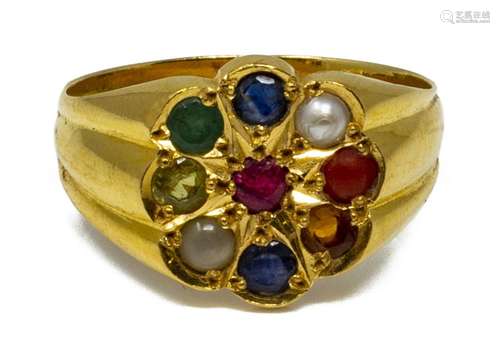 ESTATE 22KT YELLOW GOLD MULTI-GEMSTONE RING