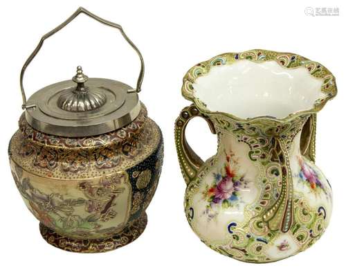 (2)JAPANESE MORIAGE THREE HANDLE VASE, BISCUIT JAR