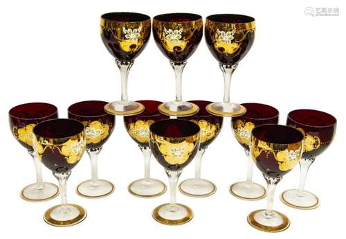 (12) BOHEMIAN GILT ENAMEL DARK RUBY GLASS STEMWARE