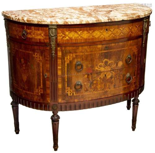 LOUIS XVI STYLE MARQUETRY INLAID MARBLE CABINET