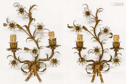 (2) ITALIAN GILT METAL FLORAL 2-LIGHT WALL SCONCES