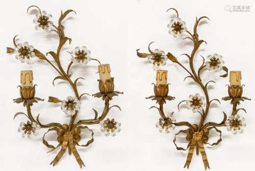 (2) ITALIAN GILT METAL FLORAL 2-LIGHT WALL SCONCES