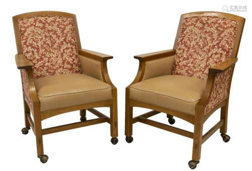 (PAIR) L&J.G. STICKLEY UPHOLSTERED OAK ARMCHAIRS