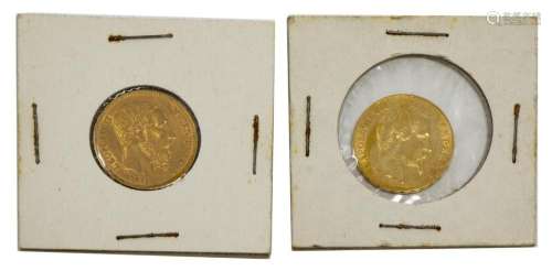 (2)GOLD COINS, FRANCE 1854, BELGIUM 1971, 20 FRANC