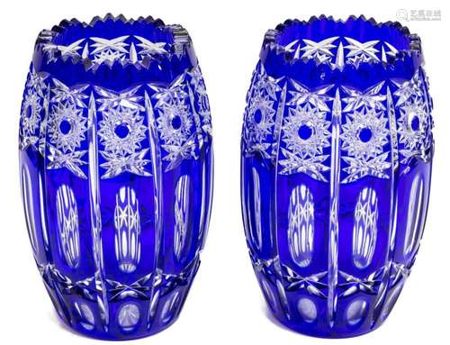 (PAIR) BOHEMIAN COBALT CUT TO CLEAR HOBSTAR VASES