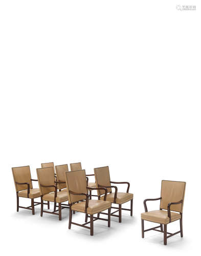 Set of Eight Armchairscirca 1950mahogany, leather, brass nail heads, each armchair with metal tag from General Motors International, Denmark height 40in (101cm); width 25 1/8in (63cm); depth 23in (58cm)  Ole Wanscher (1903-1985); Attributed to