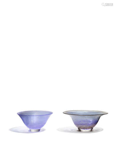 Two Graal Bowlscirca 1955 for Orrefors, internally decorated glass, each engraved 'Orrefors S. Graal Edward Hald' and numbered respectively '541p' and '5967' height of circular bowl 4in (10cm); diameter 8in (20cm); height of flared bowl 4in (10cm); width 9 1/2in (24cm); depth 7 1/2in (19cm)  Edward Hald (1883-1980)