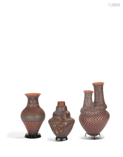 Group of Three Vases1995-2000slip glazed coil built terracotta, one initialed on underside 'RM'heights respectively 17in (44cm), 19in (49cm) and 26in (66cm)  Ricky Maldonado (Born 1953)