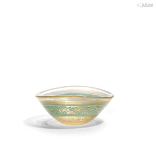 Bowlgilt and blue/green internally decorated glassheight 4in (10cm); diameter 10in (25cm)  Ercole Barovier (1889-1974)