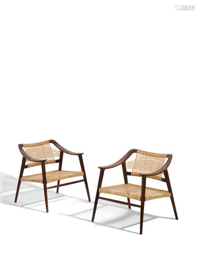 Pair of Bambi Armchairscirca 1955for Gustav Bahus, teak, caneheight 27in (69cm); width 25.5cm (65cm); depth 25in (64cm)  Rolf Rastad (1916-1995) and Adolf Relling (1913-2006)