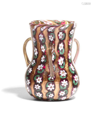 Handled Vasecirca 1915for Fratelli Toso, aventurine cane and floral murrinaheight 5 1/4in (13.3 cm)  Vittorio Zuffi