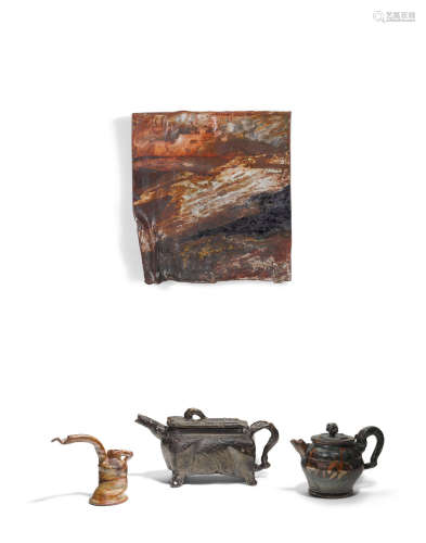 Plaque and Three Vesselsfor Plum Tree Pottery, glazed stoneware, each incised 'Glick'height of vessels 6in (15.2cm) to 7in (18cm);plaque 24 x 22in (61 x 56cm)  John Glick (1938-2017)
