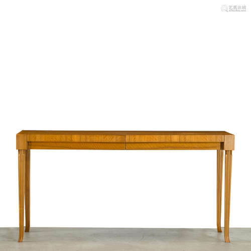 Console Tablecirca 1961for Baker, walnut, brass oval Baker tag height 30in (66cm); width 60in (153cm); depth 20in (51cm)  T.H. Robsjohn-Gibbings (1905-1976)