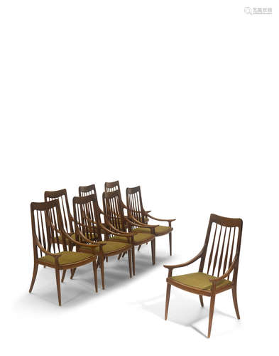 Set of Eight Spindle Back Dining Chairscirca 1968 oak, wool upholstery, branded 'designed made MALOOF california', with impressed numbers and family name 'NAKAMOTO' height 37in (94cm); width 21in (54cm); depth 20 1/2in (52cm)  Sam Maloof (1916-2009)