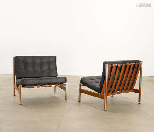 Pair of Modernist Lounge Chairscirca 1955mahogany, aluminum, tanned leather, faux leatherheights 28 3/4in (73cm); widths 31 5/8in (80cm); depths 26 1/4in (66cm)  Mexican