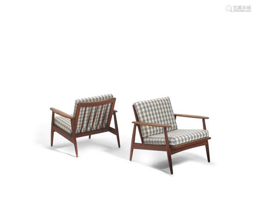 Pair of Armchairscirca 1955teak, upholstery, each branded 'Morredi DANMARK' height 26 1/2in (67.5cm); width 30in (76.2cm); depth 27in (69cm)  Danish Modern