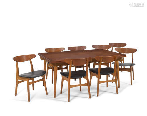 Extension Dining Table and Eight Chairscirca 1950table model AT312, for Andreas Tuck, teakbranded with maker's marks on the underside; chair model CH23, for Carl Hansen & Son, teak, leatherbranded with maker's marks on the undersidesheight of table 28in (71cm); length 63in (160cm) unextended; depth 39in (99cm); height of chairs 30in (76cm); width 20in (51cm); depth 17in (43cm)  Hans J. Wegner (1914-2007)