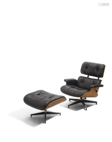 670 Lounge Chair and 671 Ottoman1970-1990designed 1956, for Herman Miller, laminated plywood, leather, aluminum, with black Herman Miller labelheight of chair 32 3/4in (83cm); width 32in (81cm); depth 34in (86cm); height of ottoman 16in (40cm); width 25 3/4in (65cm); depth 22in (55cm)  Charles (1907-1978) & Ray Eames (1912-1988)