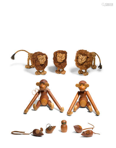 Collection of Toy Animalscirca 1955teak, oak, rope, including four lions, three monkeys, a bear and an owl together with five Danish toy micetwo monkeys stamped 'Kay Bojesen Denmark Copyright', two mice stamped 'Made in Denmark'height of lions range from 5 to 6in (13-15cm); width 4in (10cm); length 7in (18cm); height of monkeys 8in (20cm); width 6in (15cm); depth 2in (5cm); height of bear 5in (13cm); width 2 1/2in (6.5cm); depth 2 1/2in (6.5cm); height of owl 2 1/2in (6.5cm); width 1 1/2in (4cm); height of mice 1in (2cm); width 2 1/2in (6.5cm); depth 2 1/2in (6.5cm)  Kay Bojesen (1886-1958)