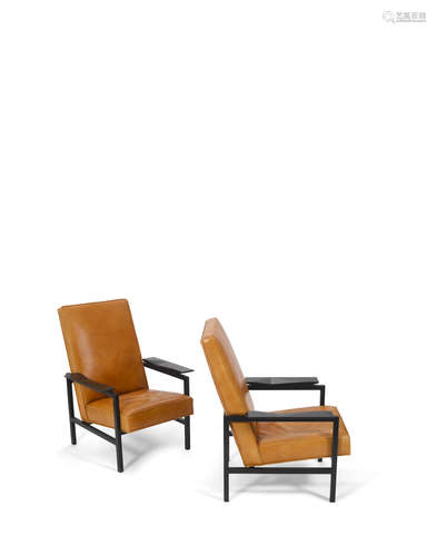 Pair of Open Armchairscirca 1955for Steiner, ebonized wood, leatherheight 36in (91.5cm); width 27 1/2in (70cm), depth 28in (71cm)  ARP (Founded 1954); Attributed to