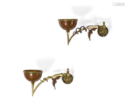 Pair of Sconcescirca 1900brass, copper, one stamped 'W.A.S. Benson'length 16 3/4in (42cm); diameter of shade 5 3/4in (14cm)   W.A.S. Benson (1854-1924)