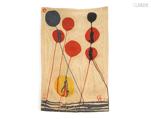 Balloons Tapestry1974for Bon Art, maguey fiber, woven 'AC 74' and tagged 'BON ART WOVEN ART HAND CRAFTS OF MAGUEY FIBER MADE IN GUATEMALA' on the verso84 ¼in x 55 ½ in (214cm x 141cm)    Alexander Calder (1898-1976)