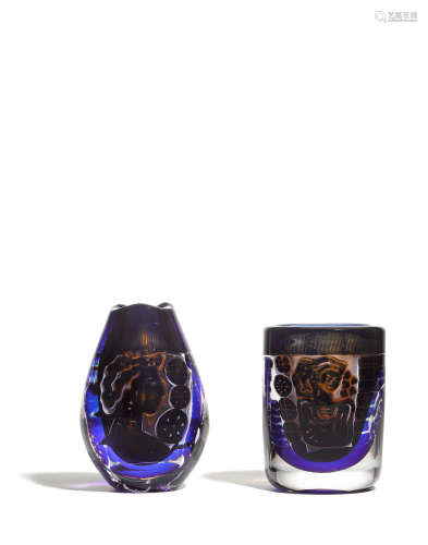 Two Graal Vasescirca 1980 for Orrefors, internally decorated glass, etched 'Orrefors 9057913 Edvin Öhrström Ariel' and 'Gallery 82 Ariel Orrefors 9057813 Edvin Öhrström'heights 8in and 7in (20cm and 17.8cm)  Edvin Öhrström (1906-1994)