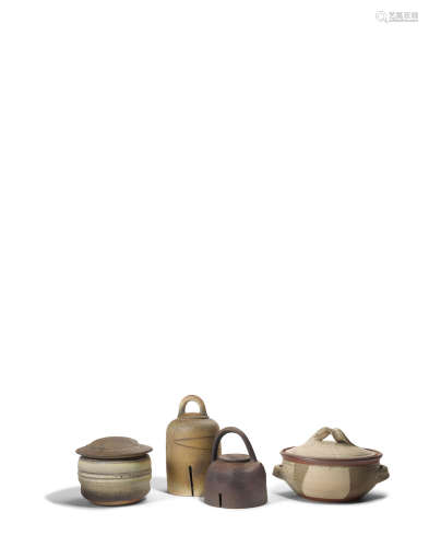 Group of Four Covered Vesselsglazed stoneware, each with 'KK' monogramheights 8 1/2in (21.5cm) to 13 1/2in (34.3cm); widths 8in (20.2cm) to 15in (38.1cm)  Karen Karnes (1925-2016)