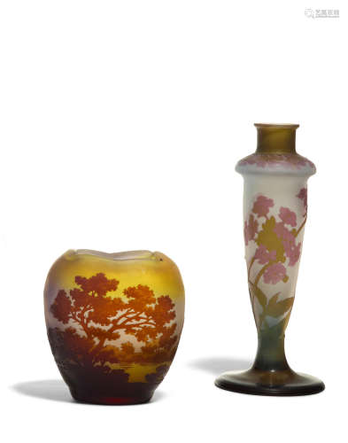Landscape Vasecirca 1900cameo glass, signed 'Gallé' in cameo, together with a vase, signed 'Gallé' in cameoheights 4 7/8in (12.4cm) and 9 1/8in (23cm)(2)  Émile Gallé (1846-1904)