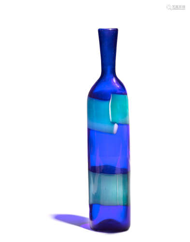 Fasce Orizzontali Bottlecirca 1955for Venini, model no.4582, royal blue tinted glass, applied with turquoise and white glass (lacking stopper)height 15 1/2in (39cm)  Fulvio Bianconi (1915-1996)
