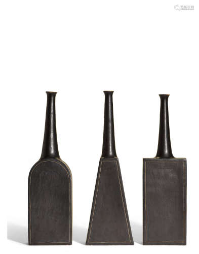 Group of Three Vasescirca 1975glazed stoneware, each painted 'GAMBONE ITALY'height of tallest 20 3/4in (53cm); width 6 1/2in (16.5cm); depth 2 1/2in (6.5cm)  Bruno Gambone (born 1936)