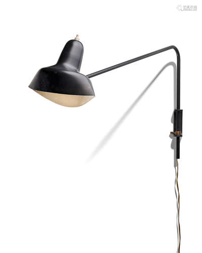 Single-Arm Pivoting Wall Lightcirca 1955designed 1953, for Ateliers Serge Mouille, enameled steel, enameled aluminum, brass  height 12 1/4in (31cm); width 25 5/8in (65cm); depth 7 1/2in (19cm)  Serge Mouille (1922-1988)