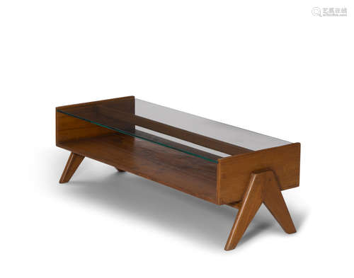 Coffee Table circa 1960teak, glassheight 15 1/2in (39.5cm); width 50 1/4in (128cm); depth 18in (46cm)  Pierre Jeanneret (1896-1967)