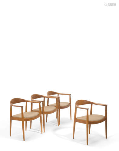 Four 'The Chairs'circa 1971model JH501, Johannes Hansen for Knoll International, oak, upholstery, each branded 'JOHANNES HANSEN COPENHAGEN DENMARK JH' and with Knoll International paper labelsheight 30 3/8in (77cm); width 24 3/4in (63cm); depth 18 1/2in (47cm)  Hans J. Wegner (1914-2007)