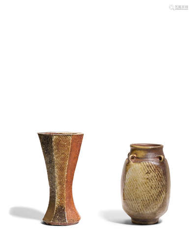 Vase and Jarglazed stoneware, each with artist signed box, jar with incised artist's cypherheights 9 1/4in and 10 1/4in (23cm and 26cm); widths 5in and 5 1/2in (12cm and 13cm)  Shimaoka Tatsuzo (1917-2007)