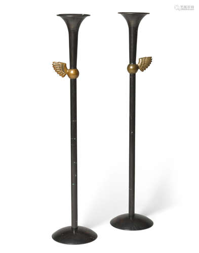 Pair of Herald Candelabrumcirca 1995plated steel, bronzeheight 22in (56cm); diameter of base 4 1/2in (11.5cm)  Mark Brazier-Jones (born 1956)