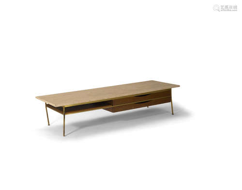 Coffee Table circa 1950for Calvin, walnut, brass, marble, with brass Calvin tagin drawerheight 15in (38cm); width 72in (183cm); depth 24in (61cm)  Paul McCobb (1917-1969)