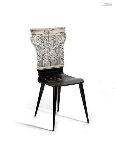 Capitello Corinzio Chairdesigned 1950s, executed circa 1988lithographic and transfer printed, wood, patinated metalwith paper tag on underside 'FORNASETTI MILANO MADE IN ITALY'height 36 1/2in (93cm); width 16 1/4in (42cm); depth 17 3/4in (45cm)  Piero Fornasetti (1913-1988)