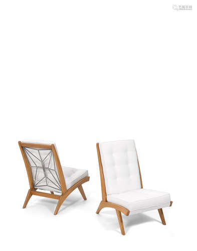 Pair of Armchairs1950smanufactured by Free Span for Steiner, blond wood, upholsteryheight 33in (83cm); width 22in (55cm); depth 26in (66cm)  Pierre  Guariche (1926-1995); Attributed to